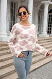 Momentlover Round Neck Flower Pattern Dropped Shoulder Pullover Sweater
