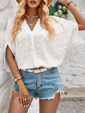 Momentlover Solid Color Jacquard Loose Half Sleeves V-Neck T-Shirts Tops