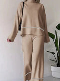 Momentlover Round-Neck High-Low Contrast Color Split-Side Sweater Top + High Waisted Pants Bottom Two Pieces Set
