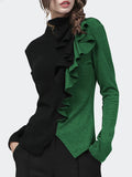 Momentlover Long Sleeves Skinny Contrast Color Split-Front Split-Joint High-Neck T-Shirts