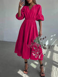Momentlover Solid Color Pleated Elasticity Loose High Waisted V-Neck Midi Dresses