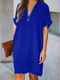 Momentlover Solid Color Short Sleeves Loose V-Neck Mini Dresses