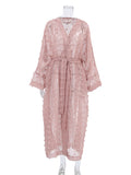 Momentlover Tied Waist Split-Side Solid Color See-Through Mesh Jacquard Loose Long Sleeves V-Neck Maxi Dresses