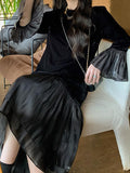 Momentlover Split-Joint Pleated Mermaid Loose Round-Neck Midi Dresses