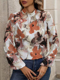 Momentlover Pleated Flower Print Elasticity Puff Sleeves Loose Mock Neck Blouses&Shirts Tops