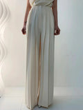 momentlover Urban Solid Color Pleats High Waisted Wide Leg Pants