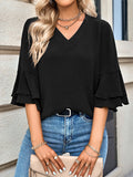 Momentlover Solid Color Ruffle Sleeves Loose V-Neck T-Shirts Tops