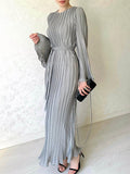 Momentlover Solid Color Pleated Loose Long Sleeves Round-Neck Maxi Dresses