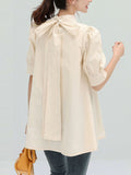 Momentlover Solid Color Pleated Bowknot Loose Half Sleeves Mock Neck Blouses&Shirts Tops