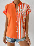 Momentlover Striped Flower Print Contrast Color Buttoned Short Sleeves Loose V-Neck Blouses&Shirts Tops