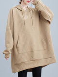 Momentlover Split-side Solid Color Pockets Drawstring Buttoned Raglan Sleeve Loose Hooded Hoodies Tops