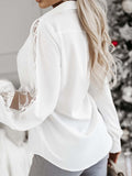Momentlover Split-Joint Mesh Buttoned Loose Long Sleeves Lapel Blouses&Shirts Tops
