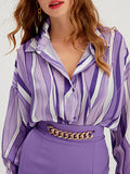 Momentlover Striped Contrast Color Loose Long Sleeves Lapel Blouses