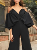 Momentlover Batwing Sleeves Loose Solid Color Split-Joint Deep V-Neck Jumpsuits Bottoms