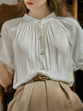 Momentlover Pleated Buttoned Short Sleeves Puff Sleeves Round-neck Blouses&shirts Tops
