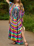 Momentlover Split-Side Printed Short Sleeves Loose V-Neck Maxi Dresses Beach Cover-Up