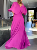 Momentlover Solid Color Short Sleeves V-Neck Maxi Dresses