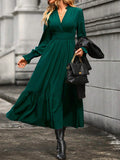 Momentlover Solid Color Pleated Elasticity Loose Long Sleeves V-Neck Midi Dresses