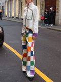 momentlover Loose Contrast Color Plaid Casual Pants Bottoms