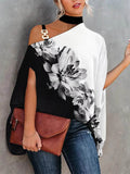 Momentlover Flower Print Chains Asymmetric Short Sleeves Loose Halter-Neck Blouses&shirts Tops