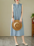 Momentlover Solid Color Pleated Buttoned Sleeveless A-Line Round-Neck Midi Dresses