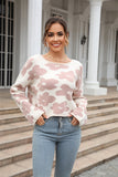 Momentlover Round Neck Flower Pattern Dropped Shoulder Pullover Sweater