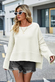 Momentlover High-Low Slit Round Neck Long Sleeve Sweater