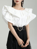 Momentlover Split-Joint Solid Color Pleated Falbala Short Sleeves Loose Round-Neck Blouses