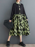 Momentlover Split-Joint Pleated Buttoned Loose Long Sleeves Lapel Midi Dresses
