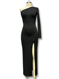 Momentlover Split-Side Solid Color Asymmetric Long Sleeves High Waisted One-Shoulder Maxi Dresses