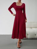 Momentlover Tied Waist Solid Color Skinny Long Sleeves U-Neck Midi Dresses
