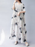 Momentlover Split-Joint Printed Pleated Short Sleeves Loose Round-neck Midi Dresses