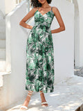 Momentlover Leaves Print Elasticity Sleeveless High Waisted V-Neck Midi Dresses