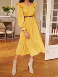 Momentlover Tied Split-Side Split-Joint Solid Color Ruffled Elasticity Backless Loose Long Sleeves V-Neck Midi Dresses