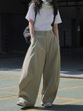 Momentlover Split-Joint Solid Color Wide Leg Loose Trousers Casual Pants Bottoms
