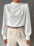 momentlover Simple Long Sleeves Puff Sleeves Asymmetric High-Neck Blouses&Shirts Tops