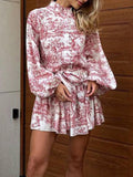 Momentlover Tied Waist Split-Joint Printed Pleated Puff Sleeves Loose Stand Collar Mini Dresses