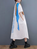 Momentlover Artistic Retro Short Sleeves Loose Contrast Color Polka-Dot Lapel Collar Midi Shirt Dress