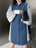 Momentlover Striped Split-Joint Pockets Contrast Color Buttoned Loose Long Sleeves Lapel Blouses&Shirts Tops