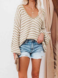 Momentlover Striped Drop Shoulder V-Neck Pullover Sweater