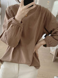 Momentlover Solid Color Pleated Puff Sleeves Loose Round-Neck T-Shirts Tops