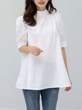 Momentlover Solid Color Pleated Bowknot Loose Half Sleeves Mock Neck Blouses&Shirts Tops