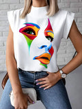 momentlover Original Casual High-Neck Cap Sleeves Face Printed T-Shirt Top