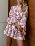 Momentlover Tied Waist Split-Joint Printed Pleated Puff Sleeves Loose Stand Collar Mini Dresses