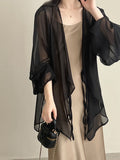 Momentlover Bishop Sleeve Long Sleeves See-Through Split-Joint Tied Collarless Blouses&Shirts Tops