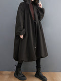 Momentlover Solid Color Pockets Buttoned Loose Long Sleeves Hooded Woolen Coat