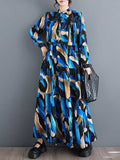 Momentlover Split-Joint Printed Buttoned Loose Long Sleeves Stand Collar Shirt Dress Maxi Dresses