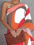 momentlover Original Loose Contrast Color Printed One-Shoulder Mini Dresses
