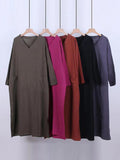 Momentlover Split-Side Solid Color Pockets Loose Long Sleeves V-Neck Maxi Dresses