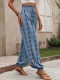 High Waisted Loose Drawstring Elasticity Pleated Printed Knickerbockers Pants Trousers